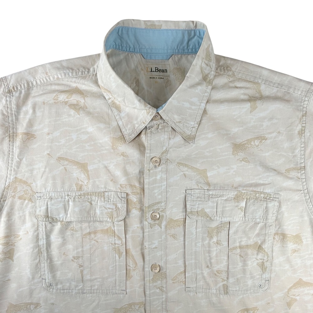 LL Bean Mens XL Fishing Shirt Short Sleeve Trout Print Tan Beige Button Up